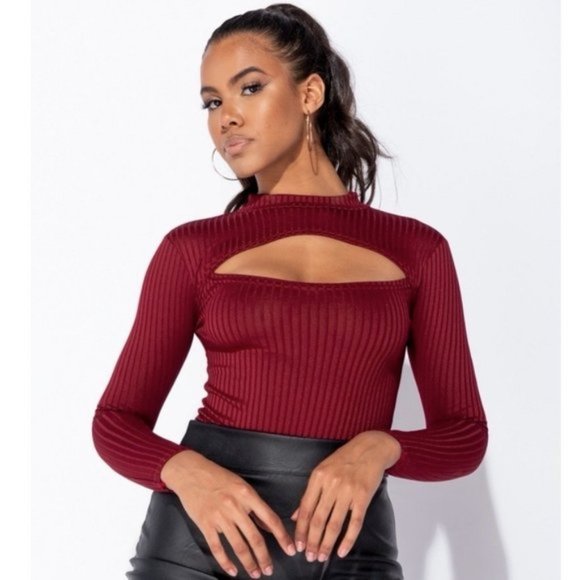 Tops - Burgundy Rib Knit Long Sleeve High Neck Cutout Bodycon Bodysuit Leotard Top